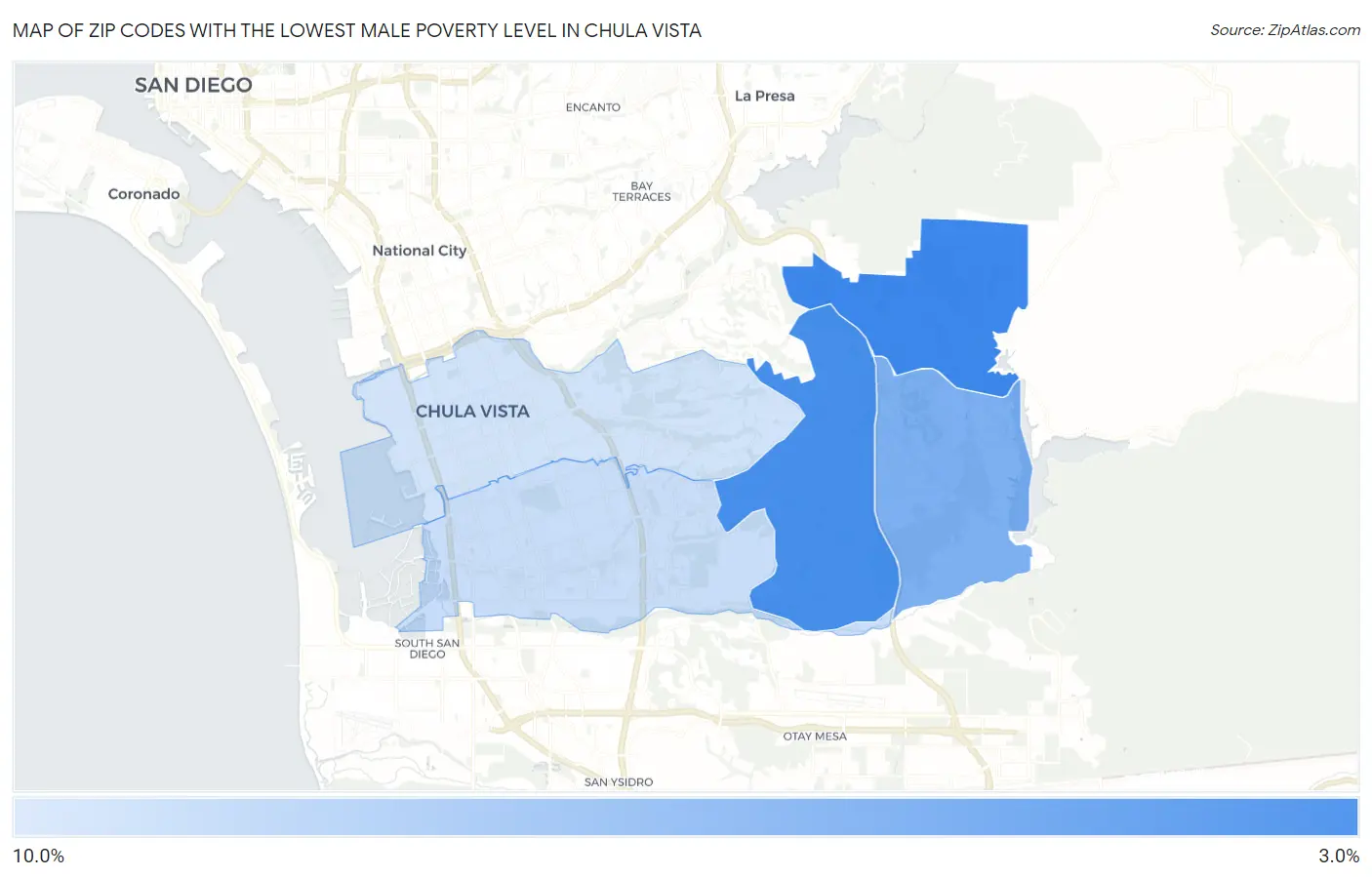 Zip Codes with the Lowest Male Poverty Level in Chula Vista Map