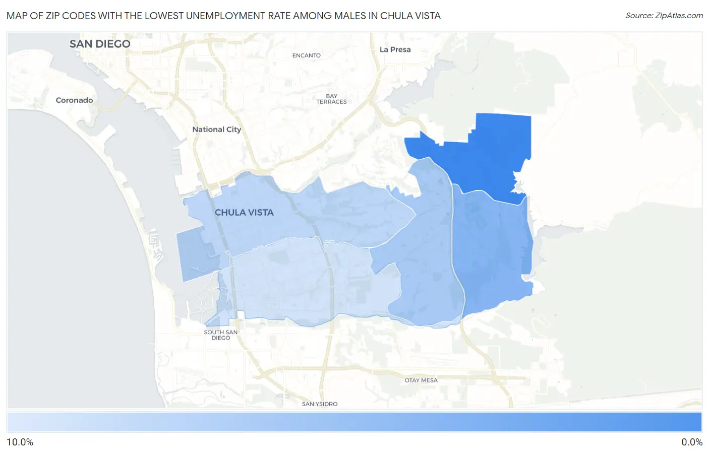 Zip Codes with the Lowest Unemployment Rate Among Males in Chula Vista Map