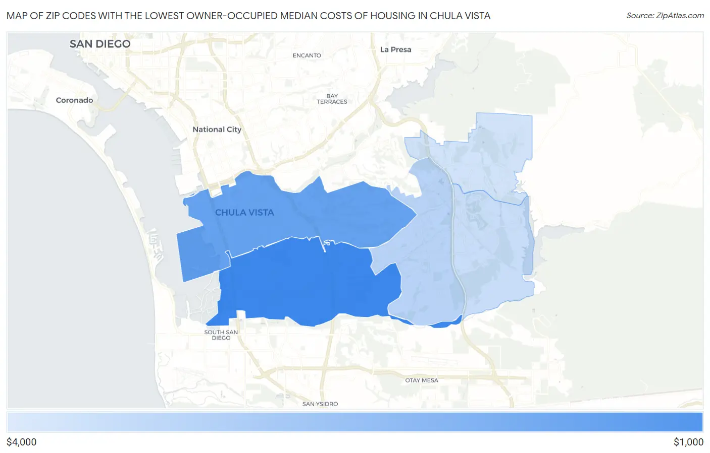Zip Codes with the Lowest Owner-Occupied Median Costs of Housing in Chula Vista Map
