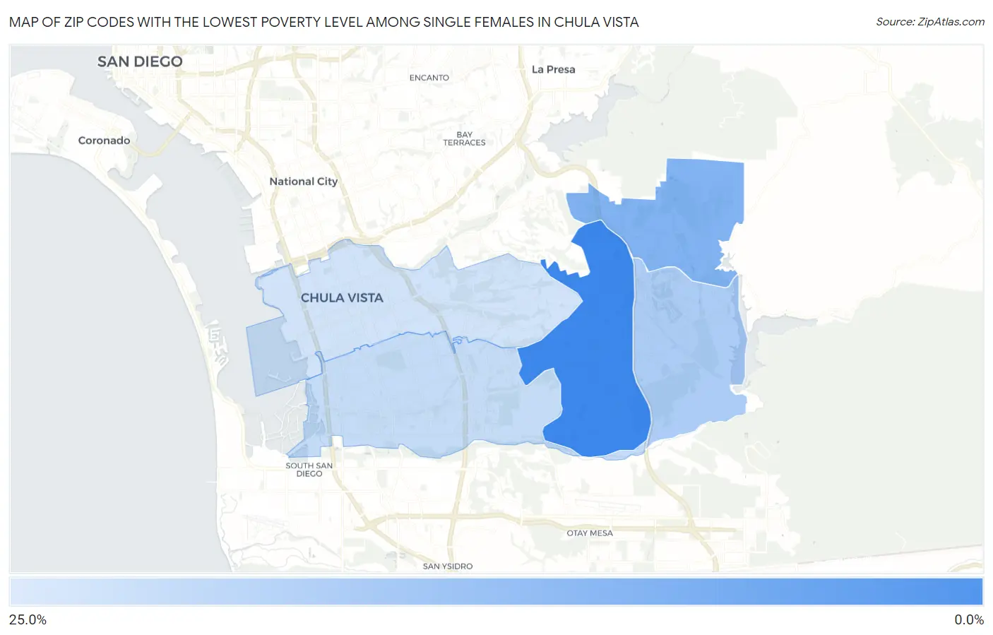Zip Codes with the Lowest Poverty Level Among Single Females in Chula Vista Map