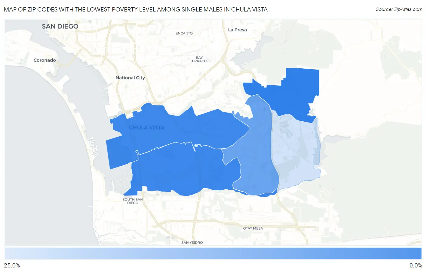 Zip Codes with the Lowest Poverty Level Among Single Males in Chula Vista Map