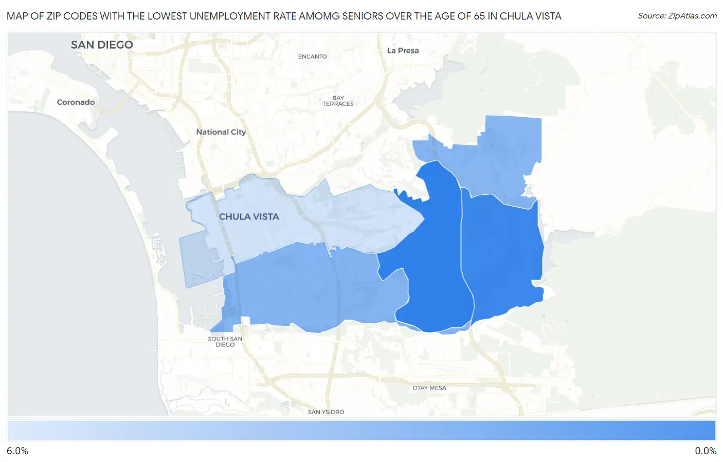 Zip Codes with the Lowest Unemployment Rate Amomg Seniors Over the Age of 65 in Chula Vista Map