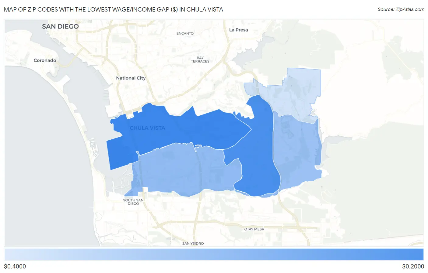 Zip Codes with the Lowest Wage/Income Gap ($) in Chula Vista Map