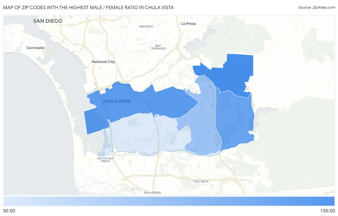 Zip Codes with the Highest Male / Female Ratio in Chula Vista Map