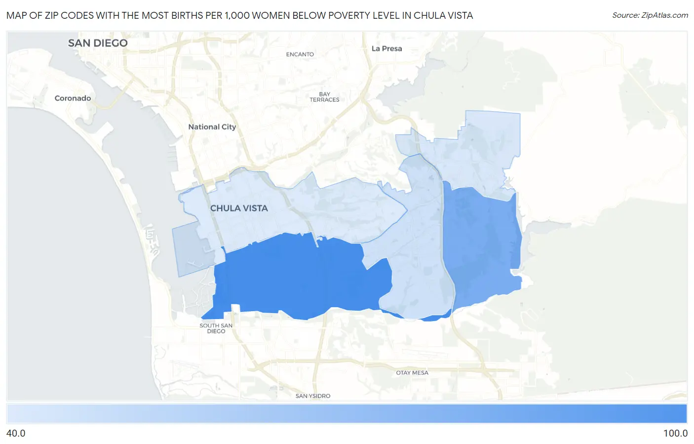 Zip Codes with the Most Births per 1,000 Women Below Poverty Level in Chula Vista Map