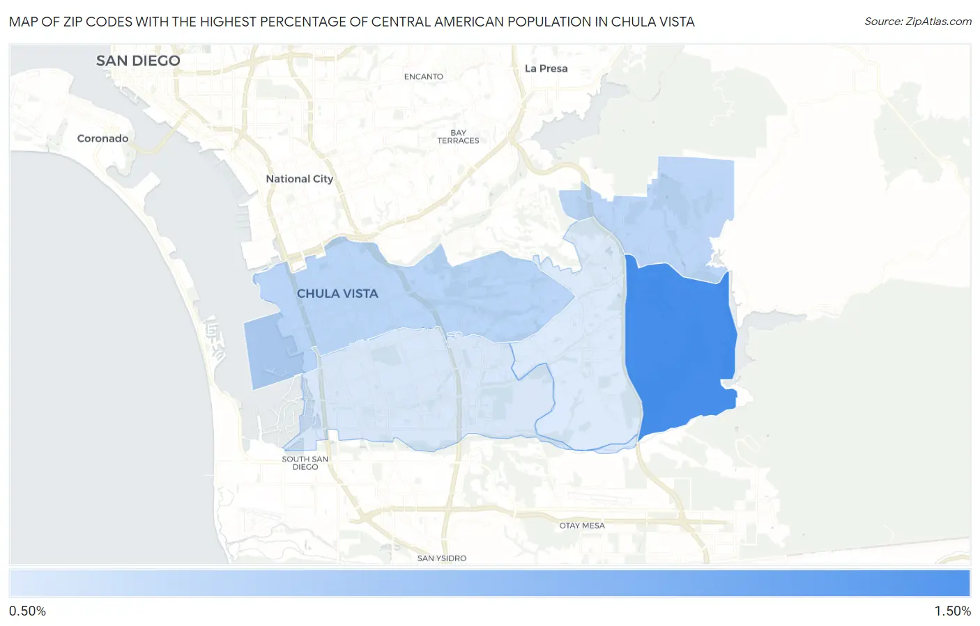 Zip Codes with the Highest Percentage of Central American Population in Chula Vista Map