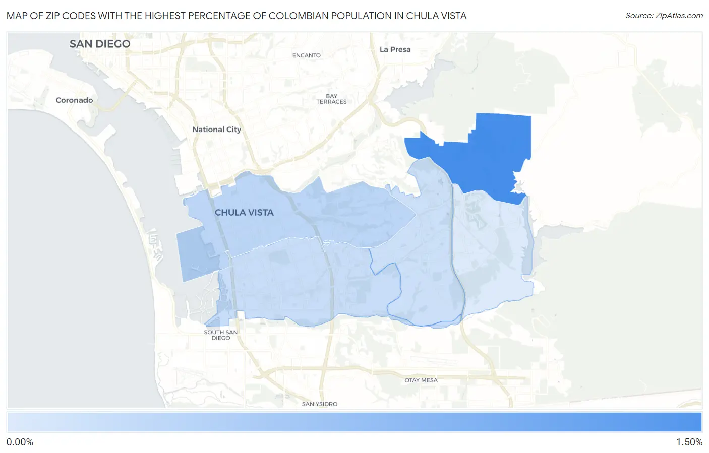 Zip Codes with the Highest Percentage of Colombian Population in Chula Vista Map