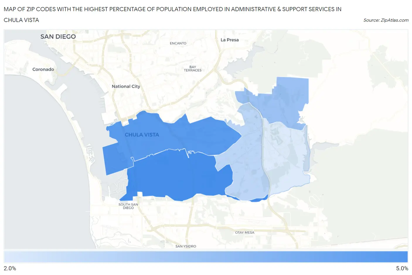 Zip Codes with the Highest Percentage of Population Employed in Administrative & Support Services in Chula Vista Map