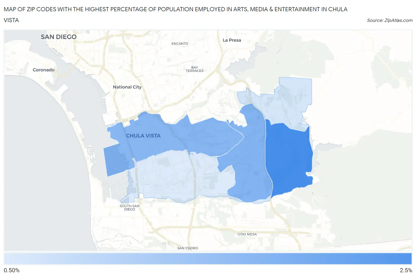 Zip Codes with the Highest Percentage of Population Employed in Arts, Media & Entertainment in Chula Vista Map