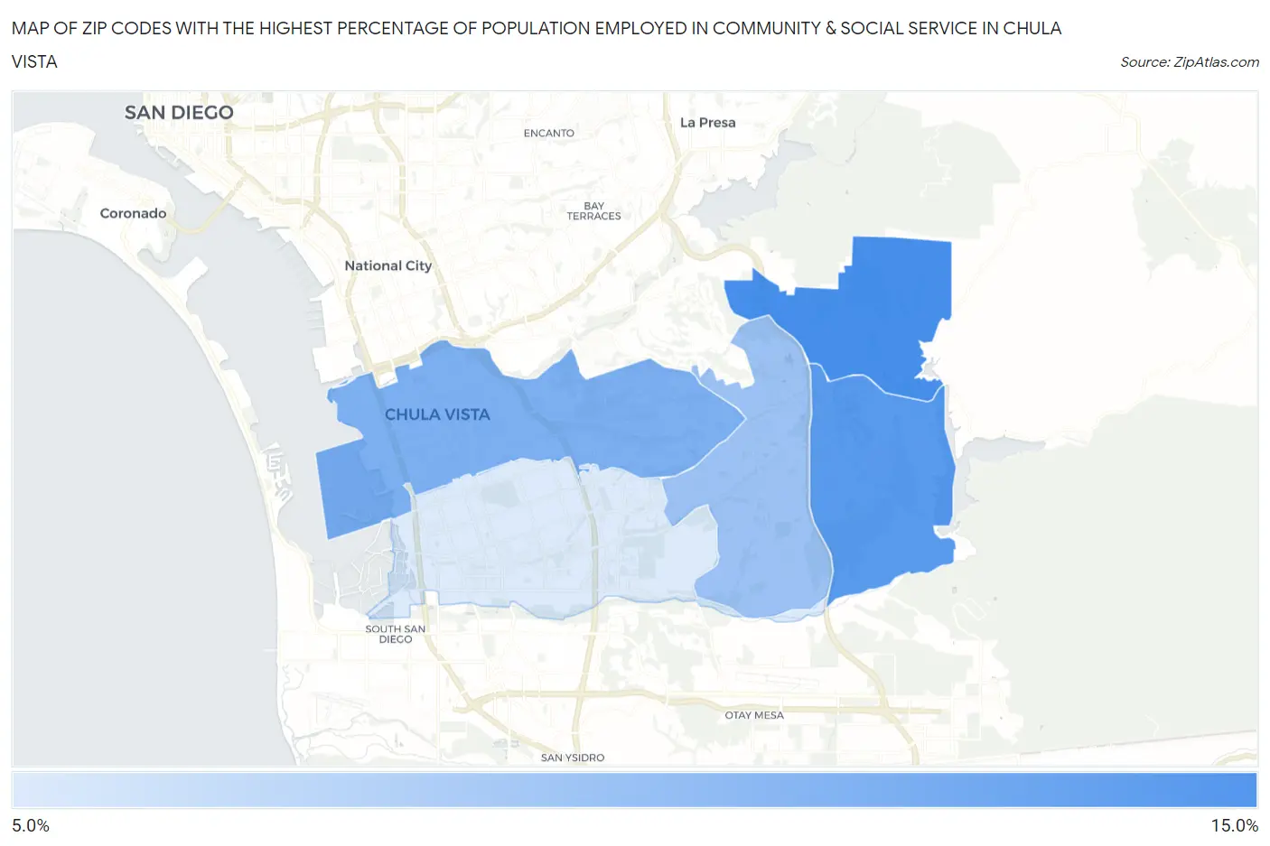 Zip Codes with the Highest Percentage of Population Employed in Community & Social Service  in Chula Vista Map
