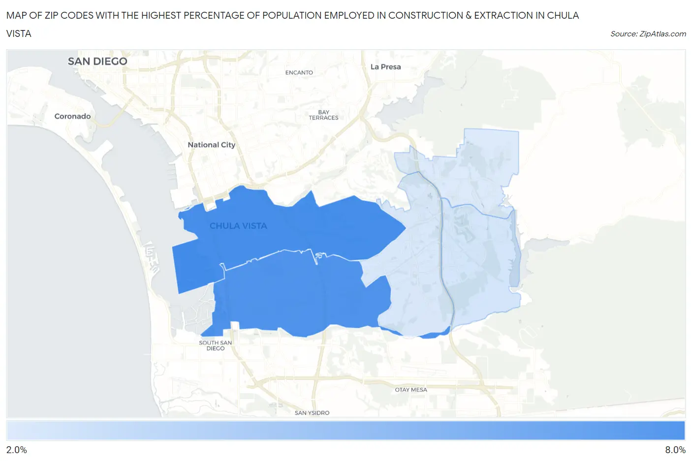 Zip Codes with the Highest Percentage of Population Employed in Construction & Extraction in Chula Vista Map
