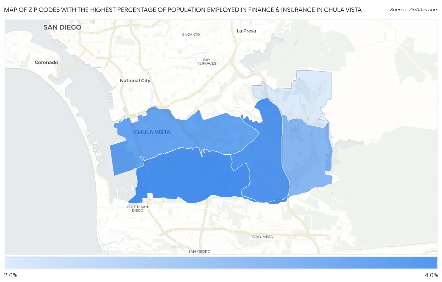 Zip Codes with the Highest Percentage of Population Employed in Finance & Insurance in Chula Vista Map
