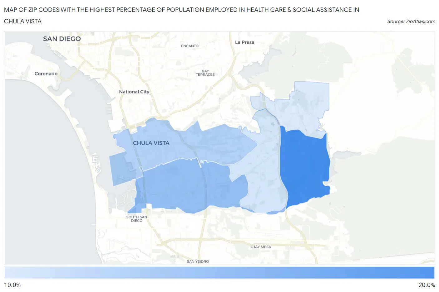 Zip Codes with the Highest Percentage of Population Employed in Health Care & Social Assistance in Chula Vista Map