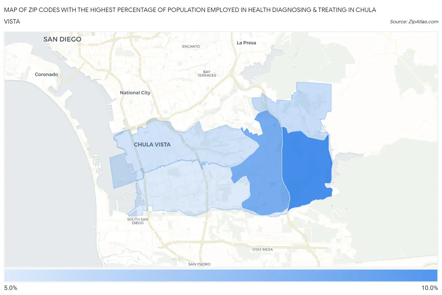 Zip Codes with the Highest Percentage of Population Employed in Health Diagnosing & Treating in Chula Vista Map