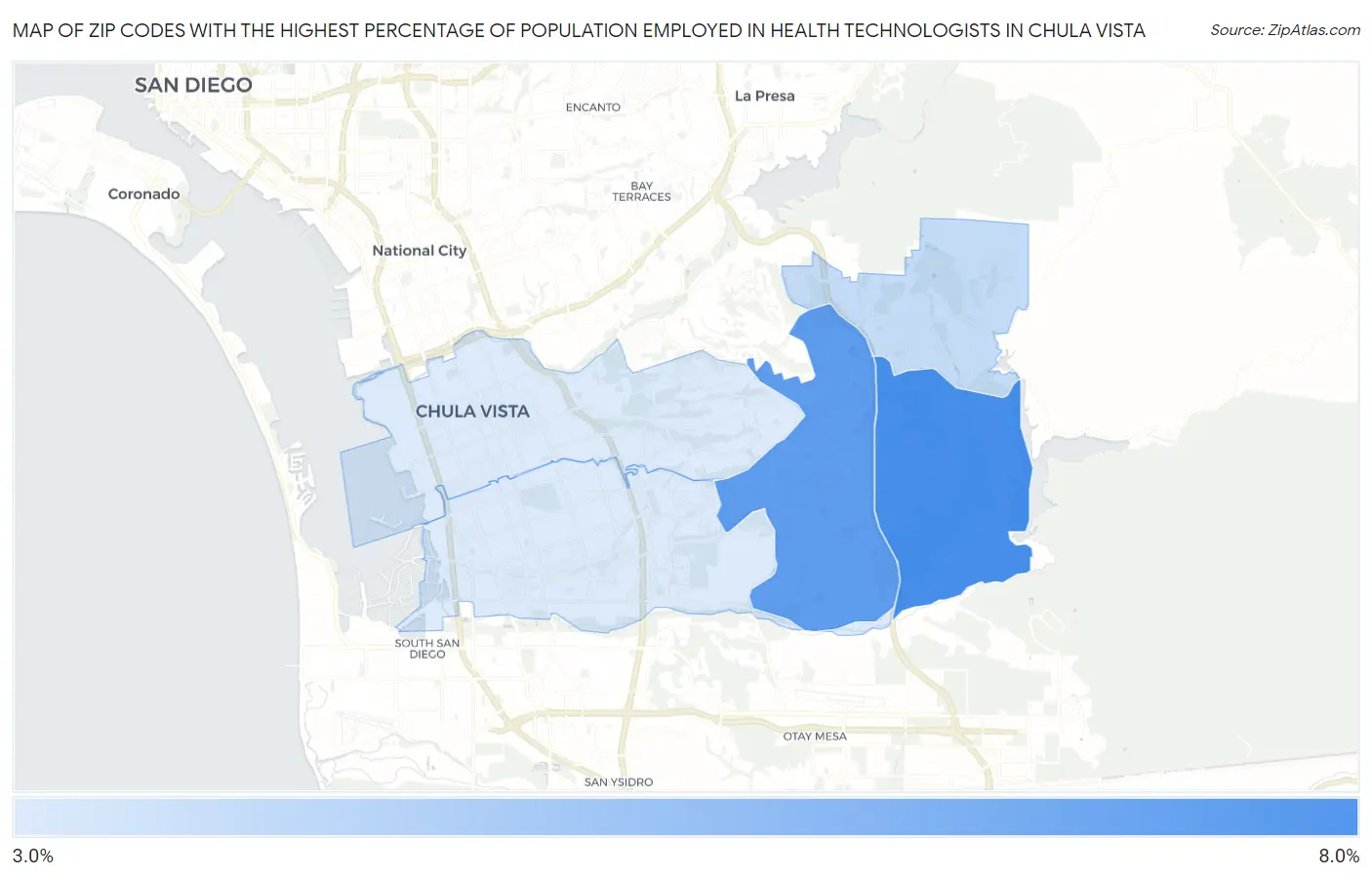 Zip Codes with the Highest Percentage of Population Employed in Health Technologists in Chula Vista Map