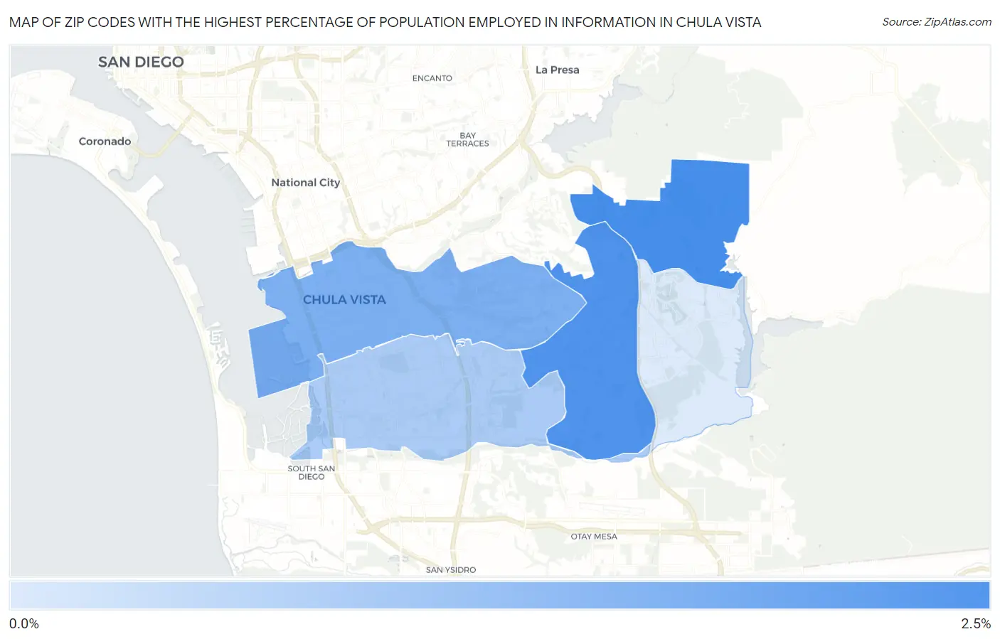 Zip Codes with the Highest Percentage of Population Employed in Information in Chula Vista Map