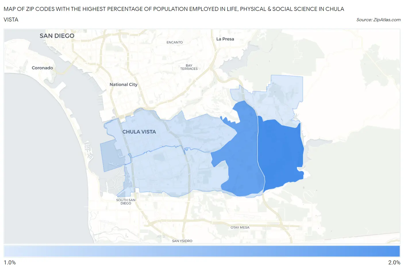 Zip Codes with the Highest Percentage of Population Employed in Life, Physical & Social Science in Chula Vista Map
