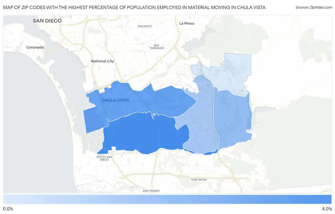 Zip Codes with the Highest Percentage of Population Employed in Material Moving in Chula Vista Map