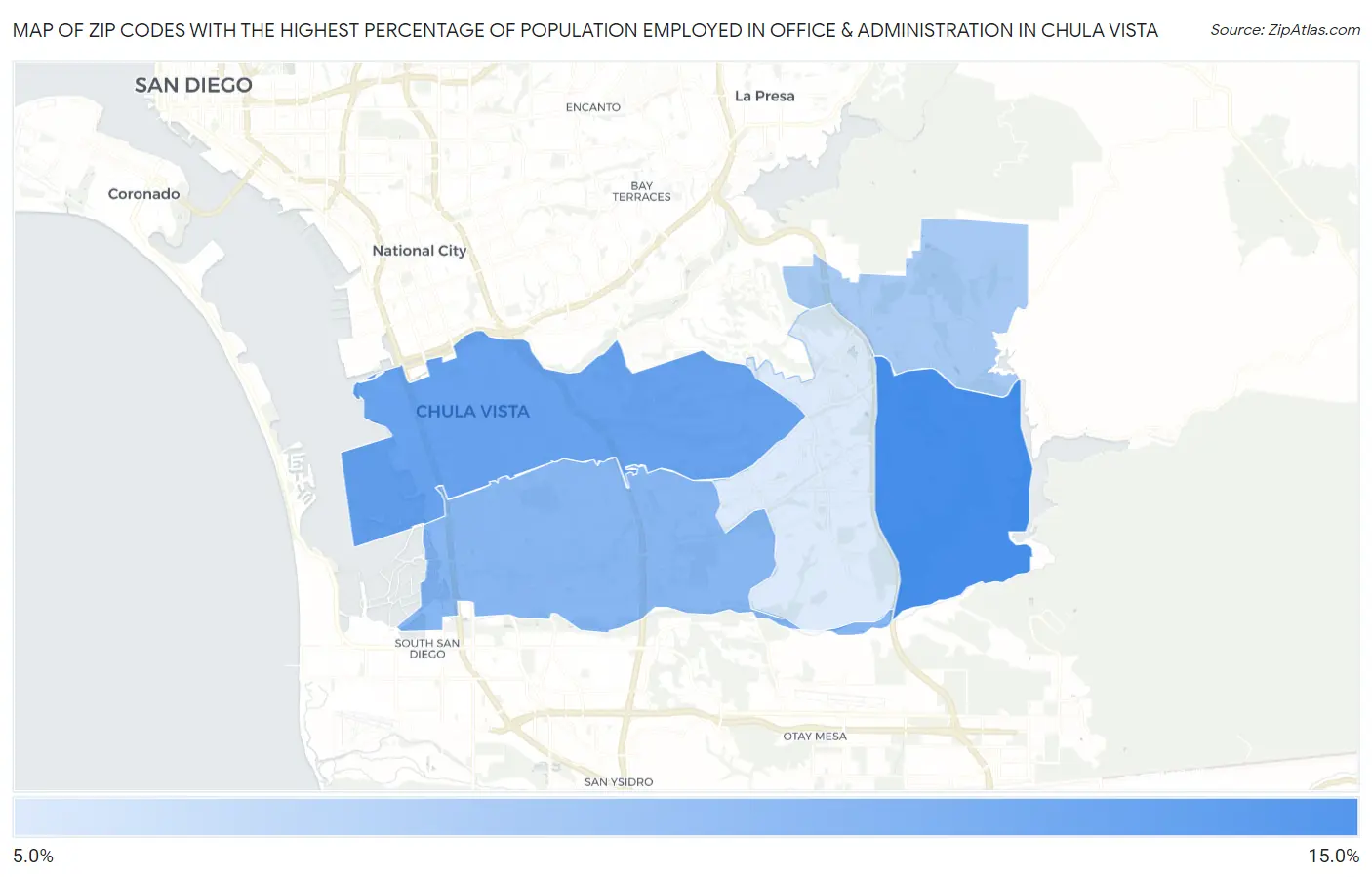 Zip Codes with the Highest Percentage of Population Employed in Office & Administration in Chula Vista Map