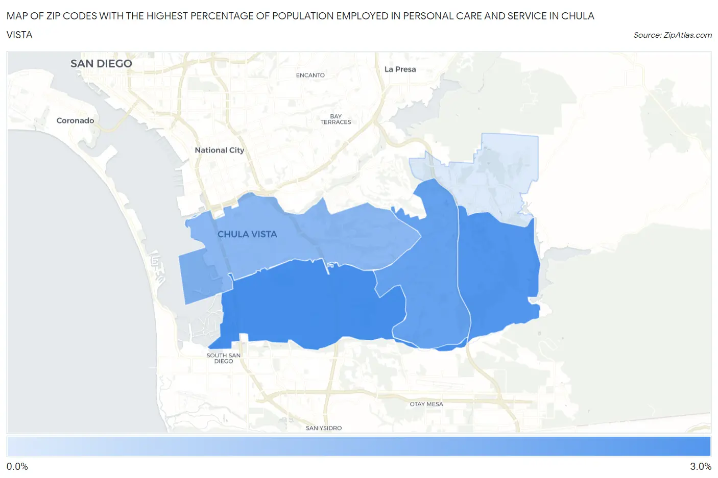 Zip Codes with the Highest Percentage of Population Employed in Personal Care and Service in Chula Vista Map