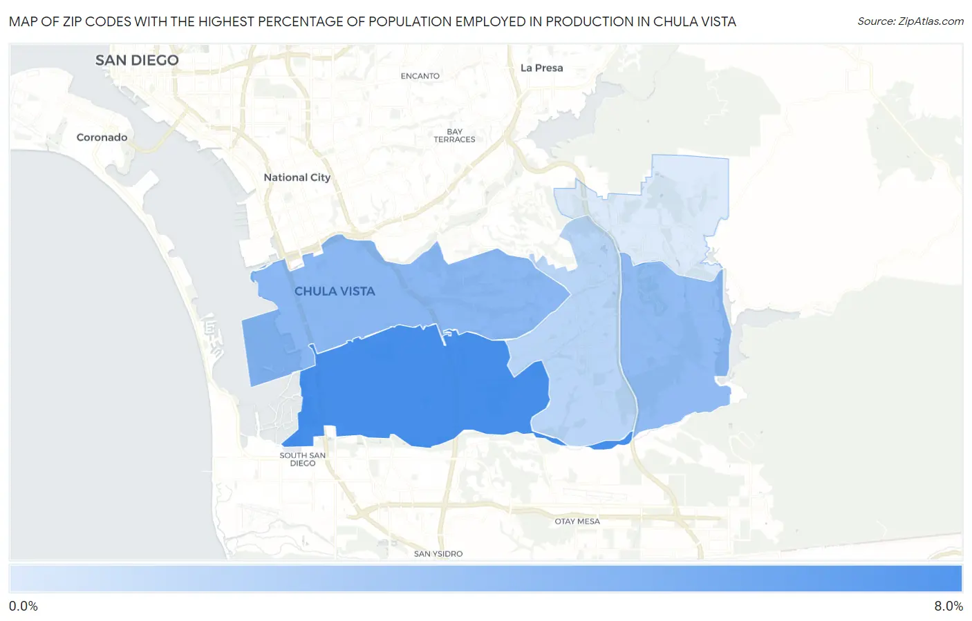 Zip Codes with the Highest Percentage of Population Employed in Production in Chula Vista Map