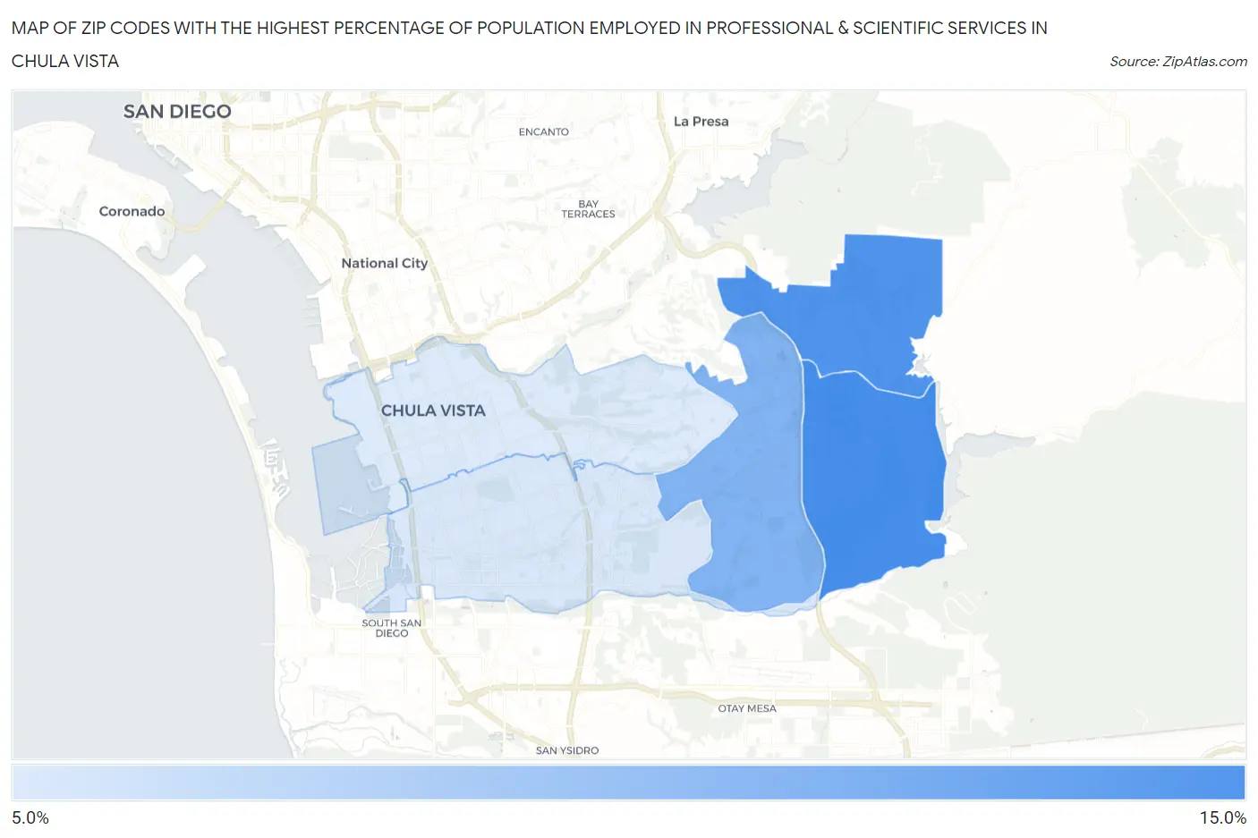 Zip Codes with the Highest Percentage of Population Employed in Professional & Scientific Services in Chula Vista Map