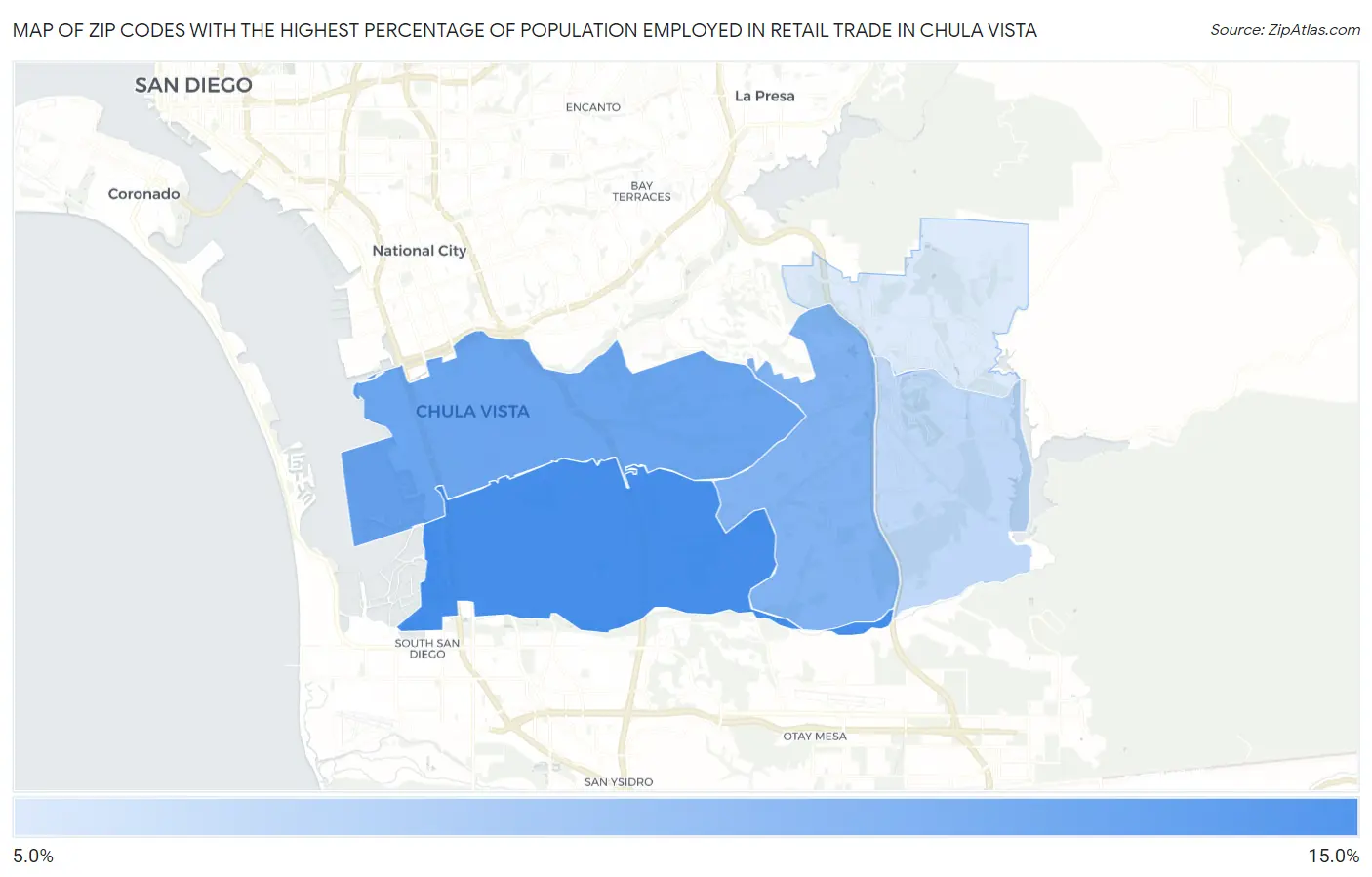 Zip Codes with the Highest Percentage of Population Employed in Retail Trade in Chula Vista Map