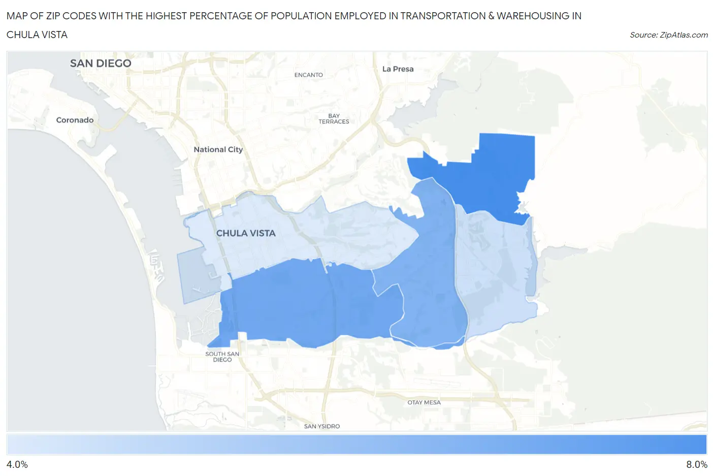 Zip Codes with the Highest Percentage of Population Employed in Transportation & Warehousing in Chula Vista Map
