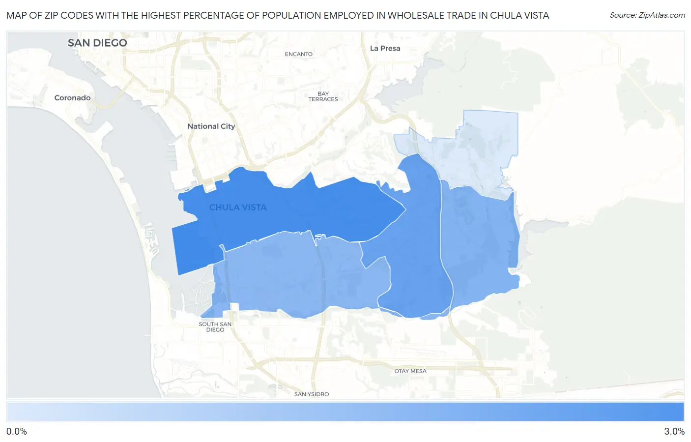 Zip Codes with the Highest Percentage of Population Employed in Wholesale Trade in Chula Vista Map