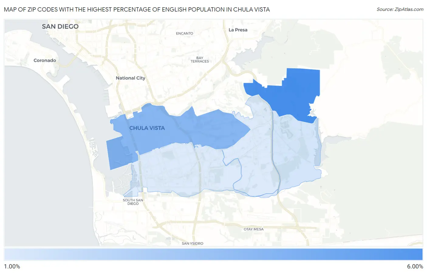 Zip Codes with the Highest Percentage of English Population in Chula Vista Map