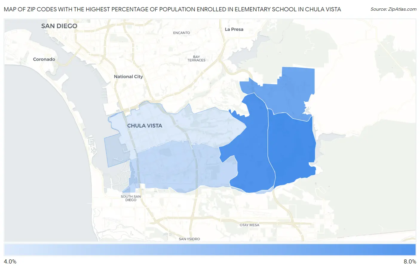 Zip Codes with the Highest Percentage of Population Enrolled in Elementary School in Chula Vista Map