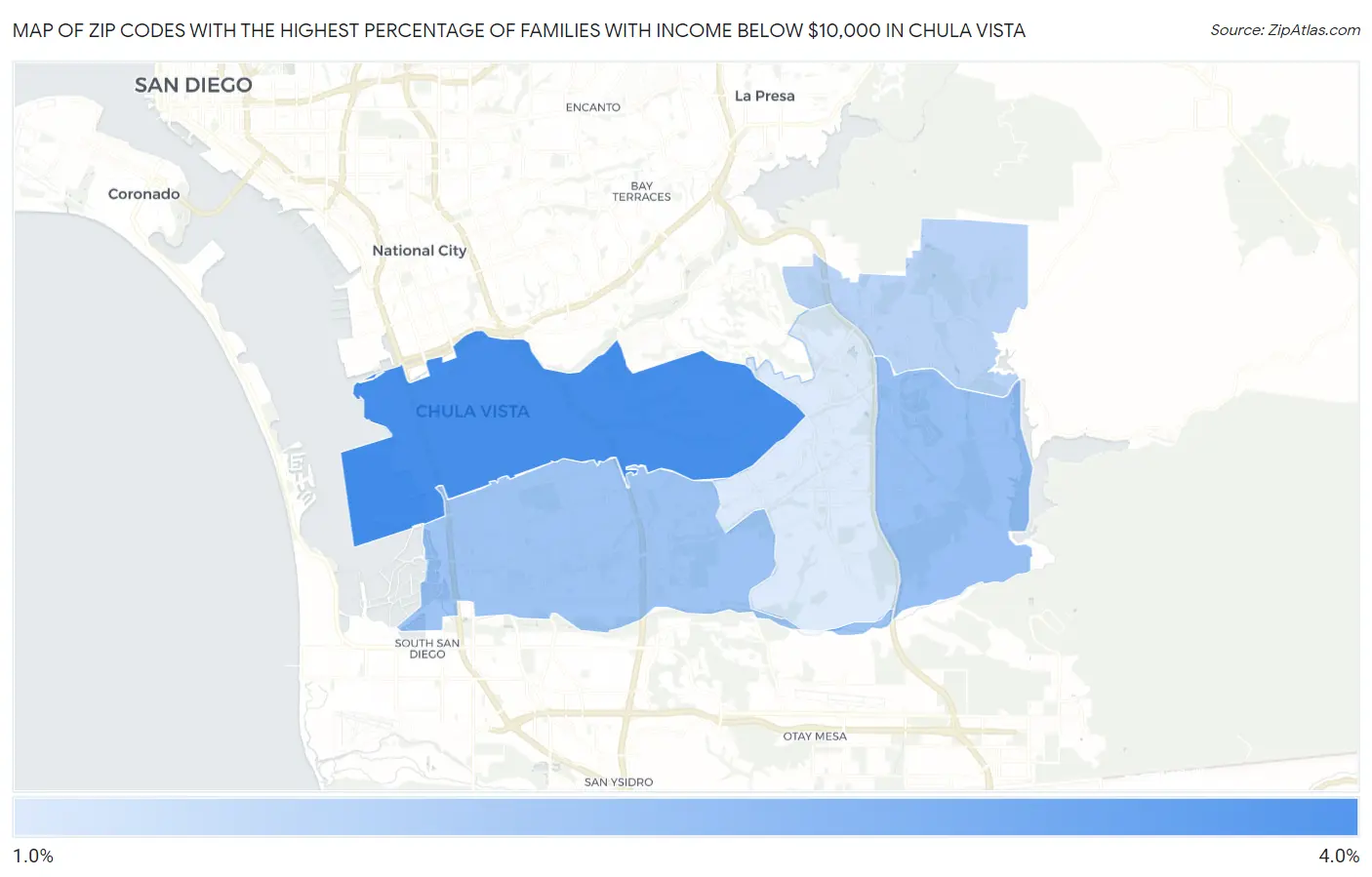 Zip Codes with the Highest Percentage of Families with Income Below $10,000 in Chula Vista Map