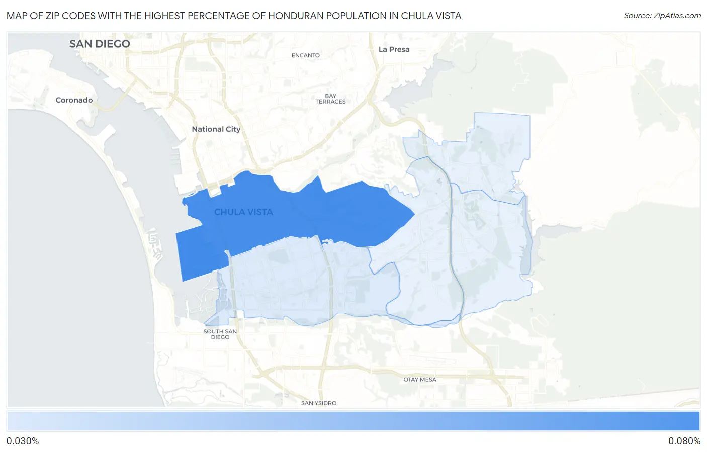 Zip Codes with the Highest Percentage of Honduran Population in Chula Vista Map