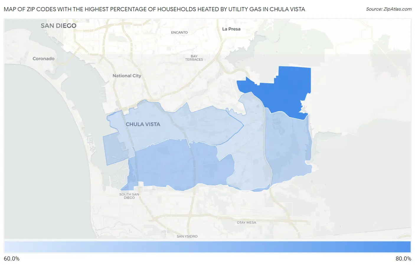 Zip Codes with the Highest Percentage of Households Heated by Utility Gas in Chula Vista Map