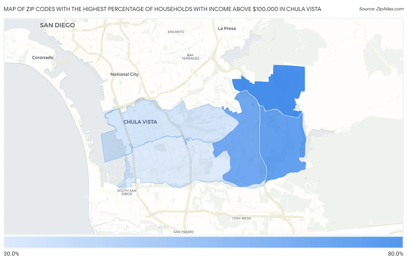 Zip Codes with the Highest Percentage of Households with Income Above $100,000 in Chula Vista Map