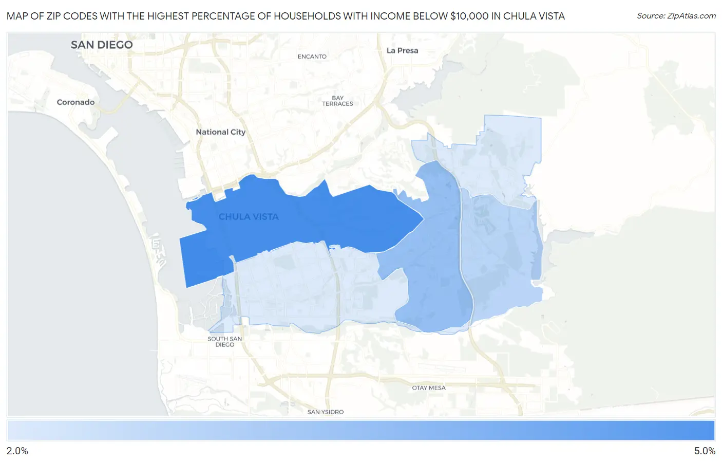 Zip Codes with the Highest Percentage of Households with Income Below $10,000 in Chula Vista Map
