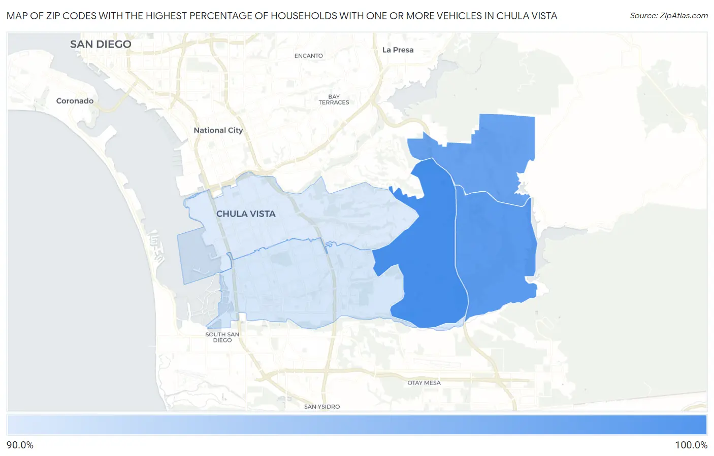 Zip Codes with the Highest Percentage of Households With One or more Vehicles in Chula Vista Map