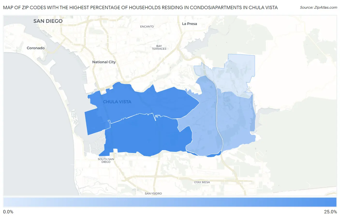 Zip Codes with the Highest Percentage of Households Residing in Condos/Apartments in Chula Vista Map