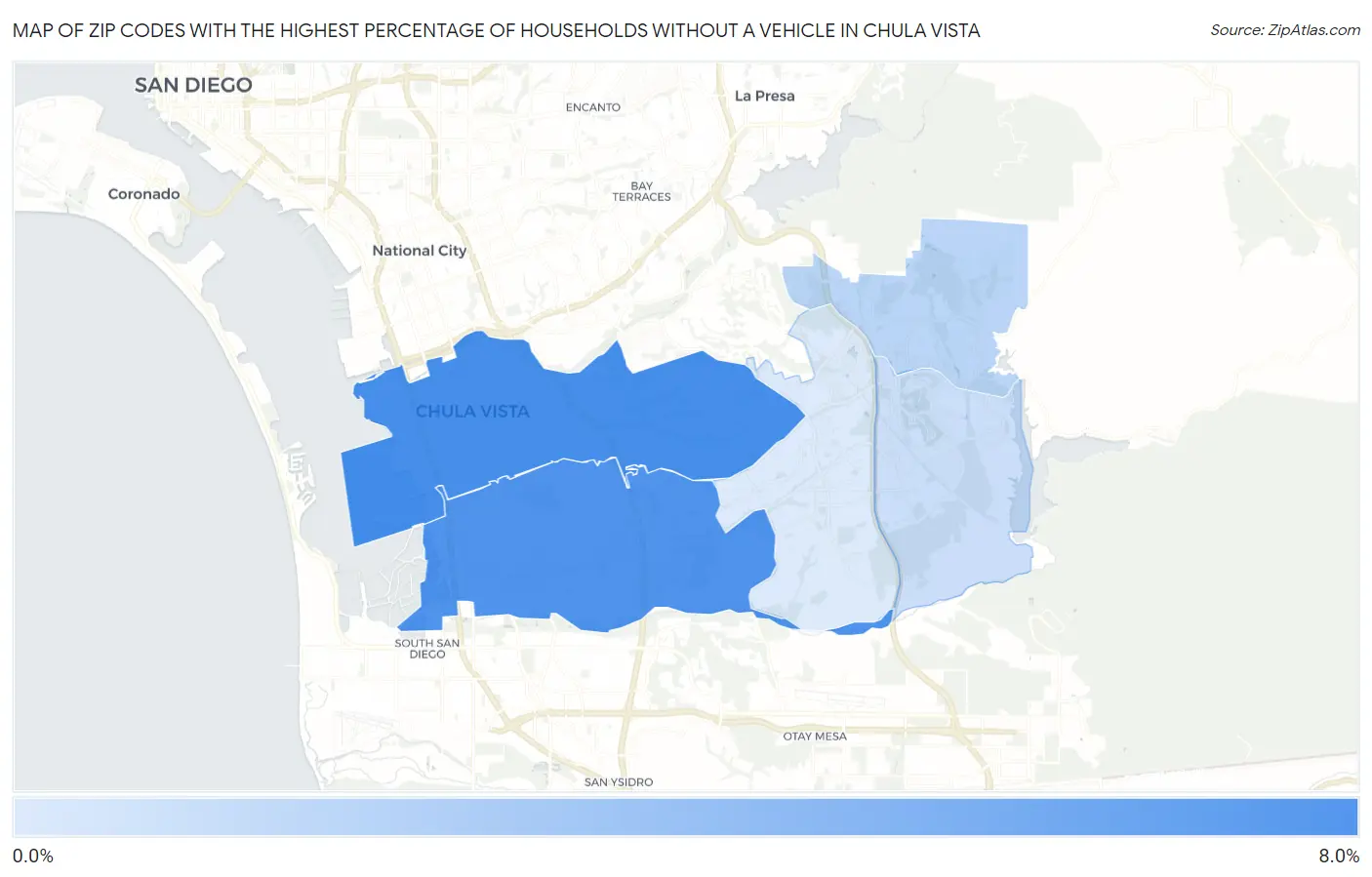 Zip Codes with the Highest Percentage of Households Without a Vehicle in Chula Vista Map