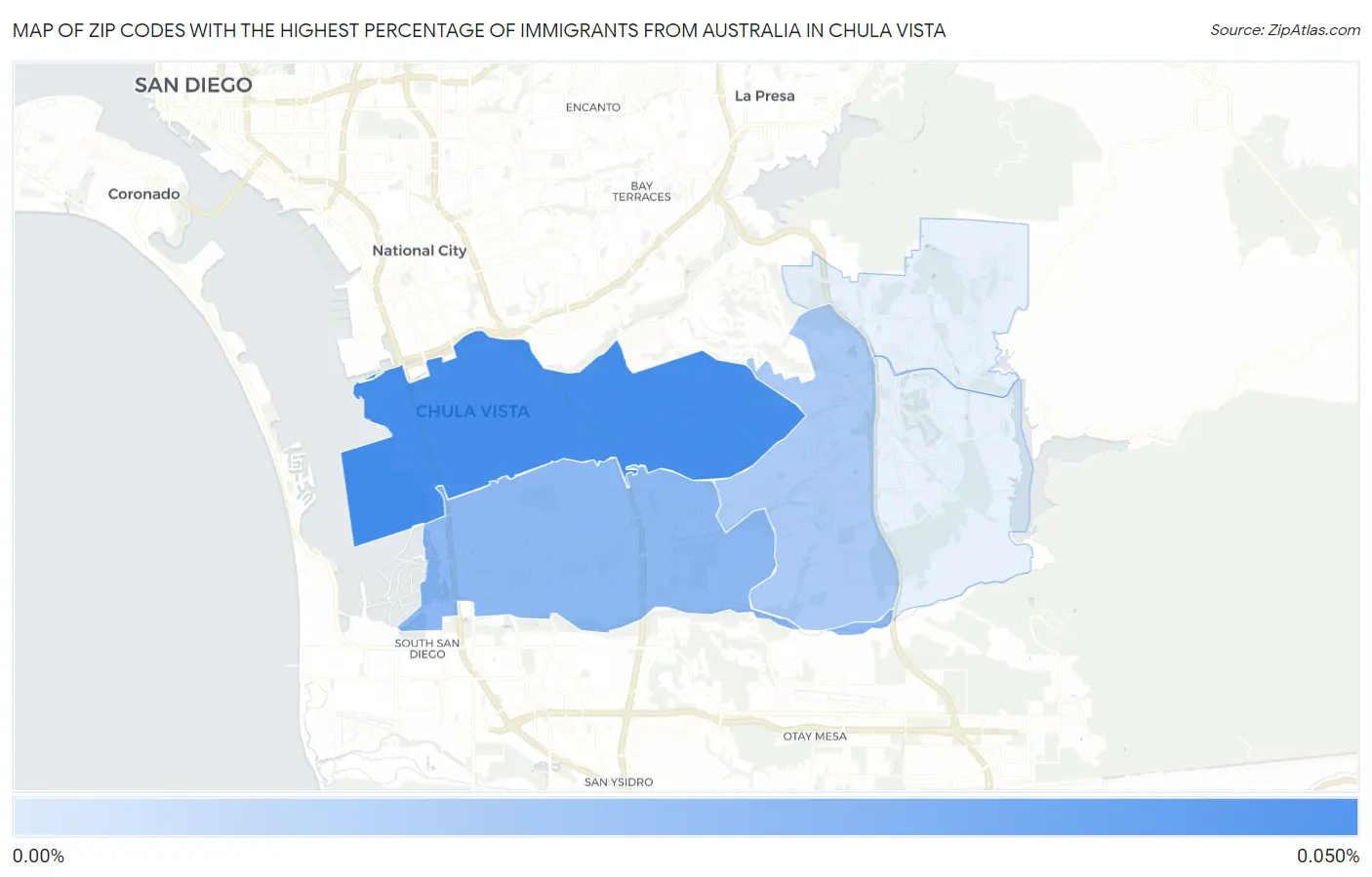 Zip Codes with the Highest Percentage of Immigrants from Australia in Chula Vista Map