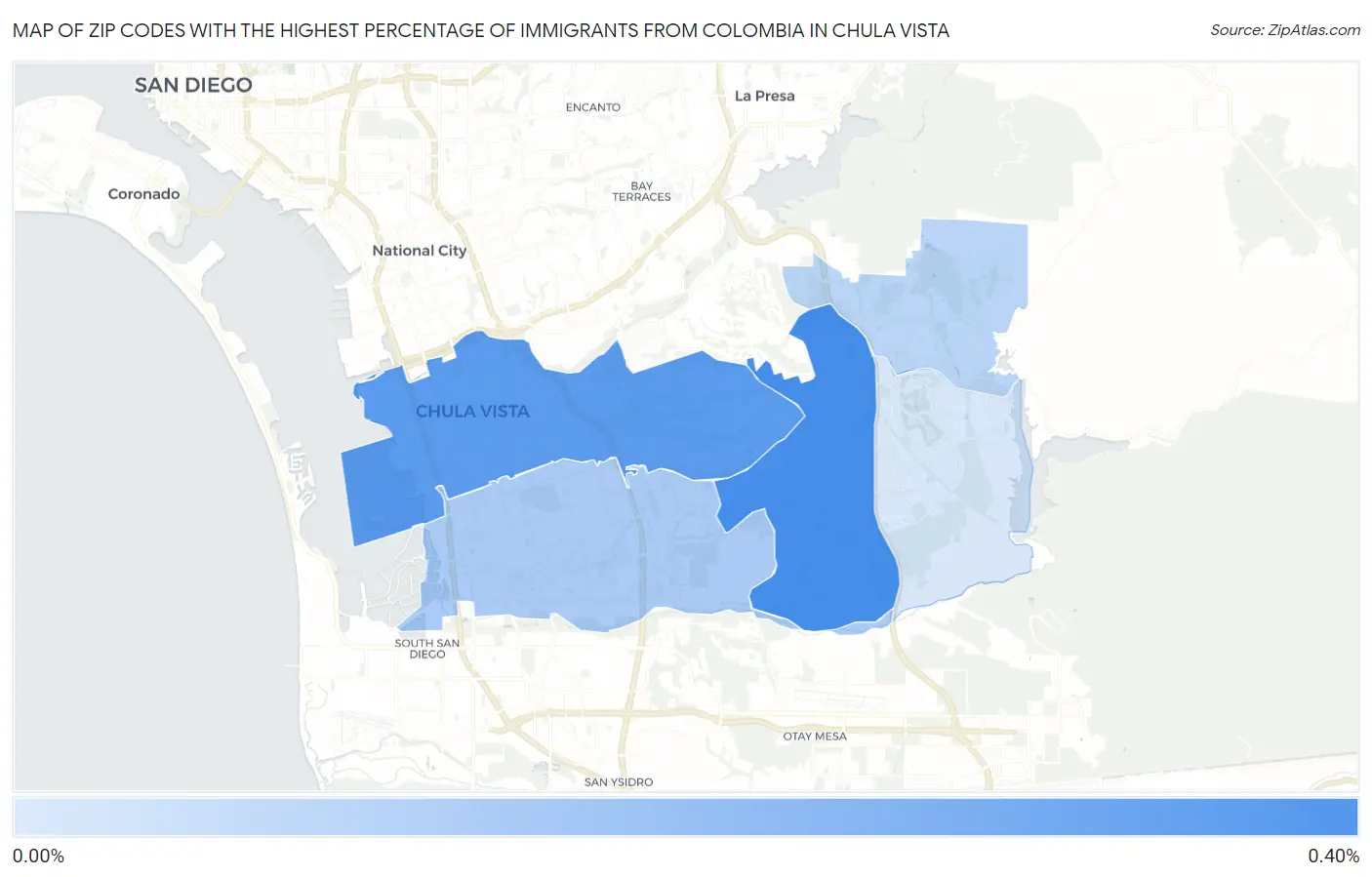 Zip Codes with the Highest Percentage of Immigrants from Colombia in Chula Vista Map