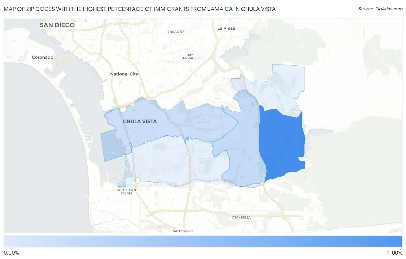 Zip Codes with the Highest Percentage of Immigrants from Jamaica in Chula Vista Map