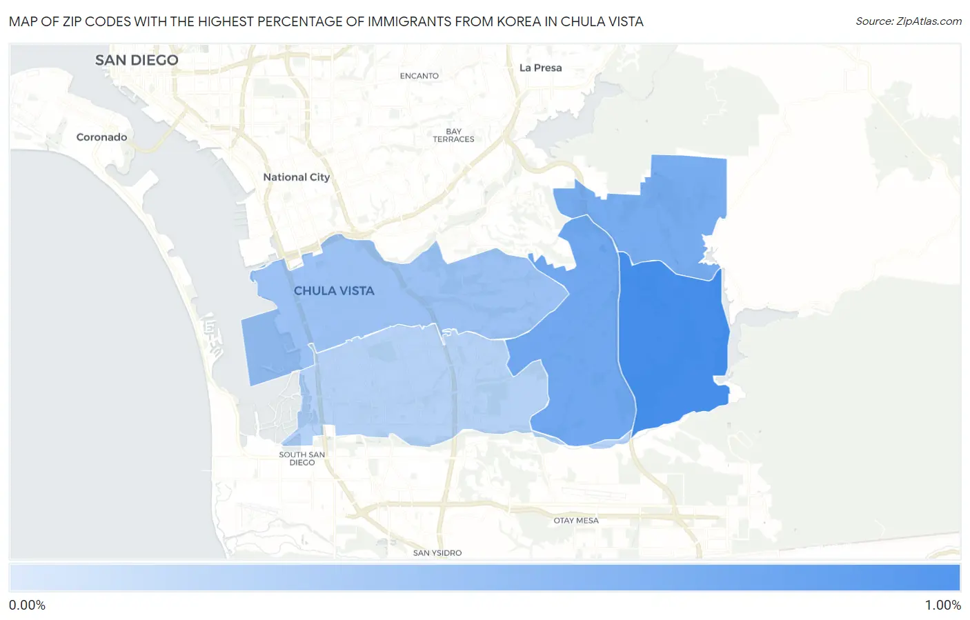 Zip Codes with the Highest Percentage of Immigrants from Korea in Chula Vista Map