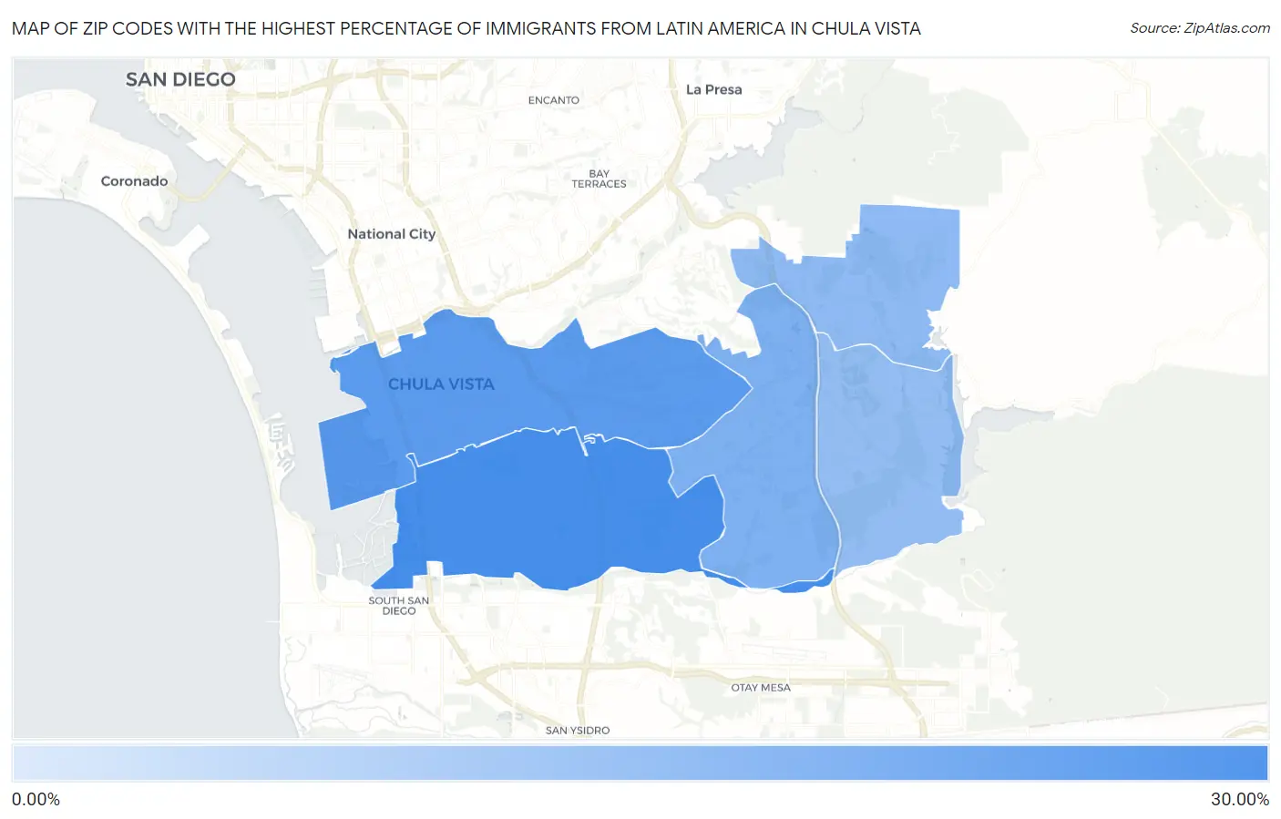 Zip Codes with the Highest Percentage of Immigrants from Latin America in Chula Vista Map