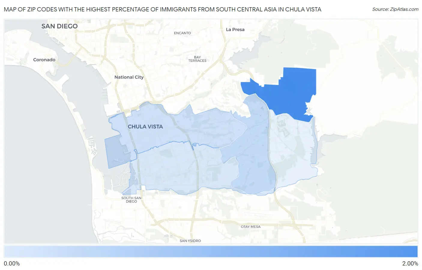 Zip Codes with the Highest Percentage of Immigrants from South Central Asia in Chula Vista Map