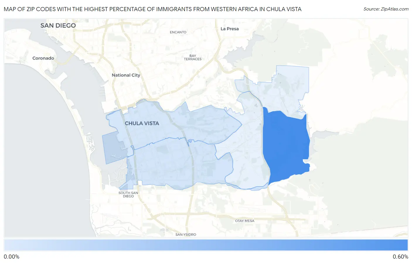 Zip Codes with the Highest Percentage of Immigrants from Western Africa in Chula Vista Map