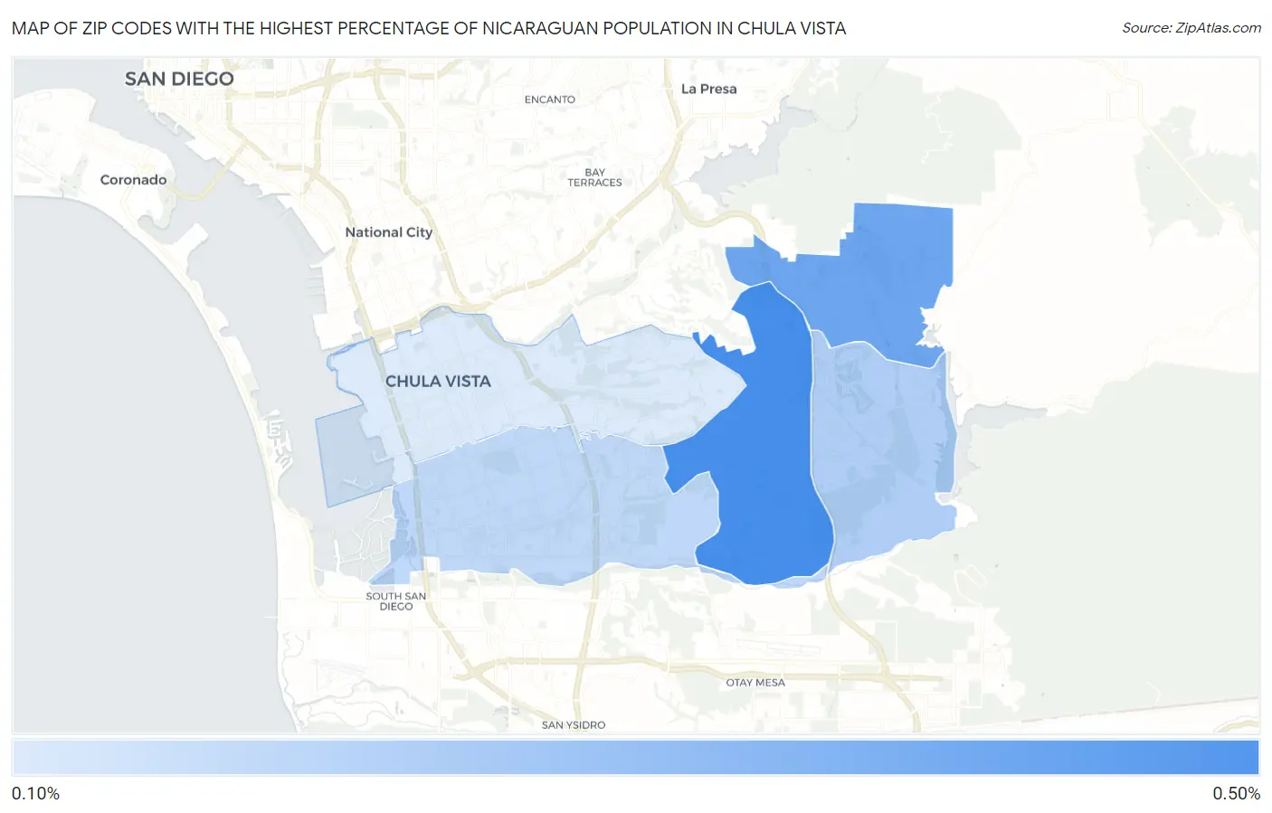 Zip Codes with the Highest Percentage of Nicaraguan Population in Chula Vista Map