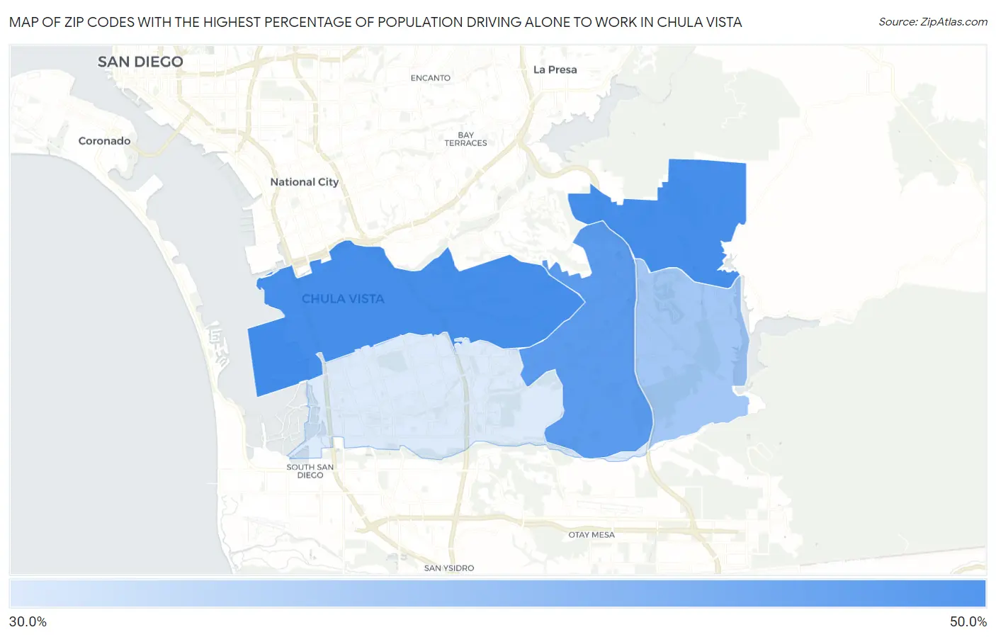 Zip Codes with the Highest Percentage of Population Driving Alone to Work in Chula Vista Map