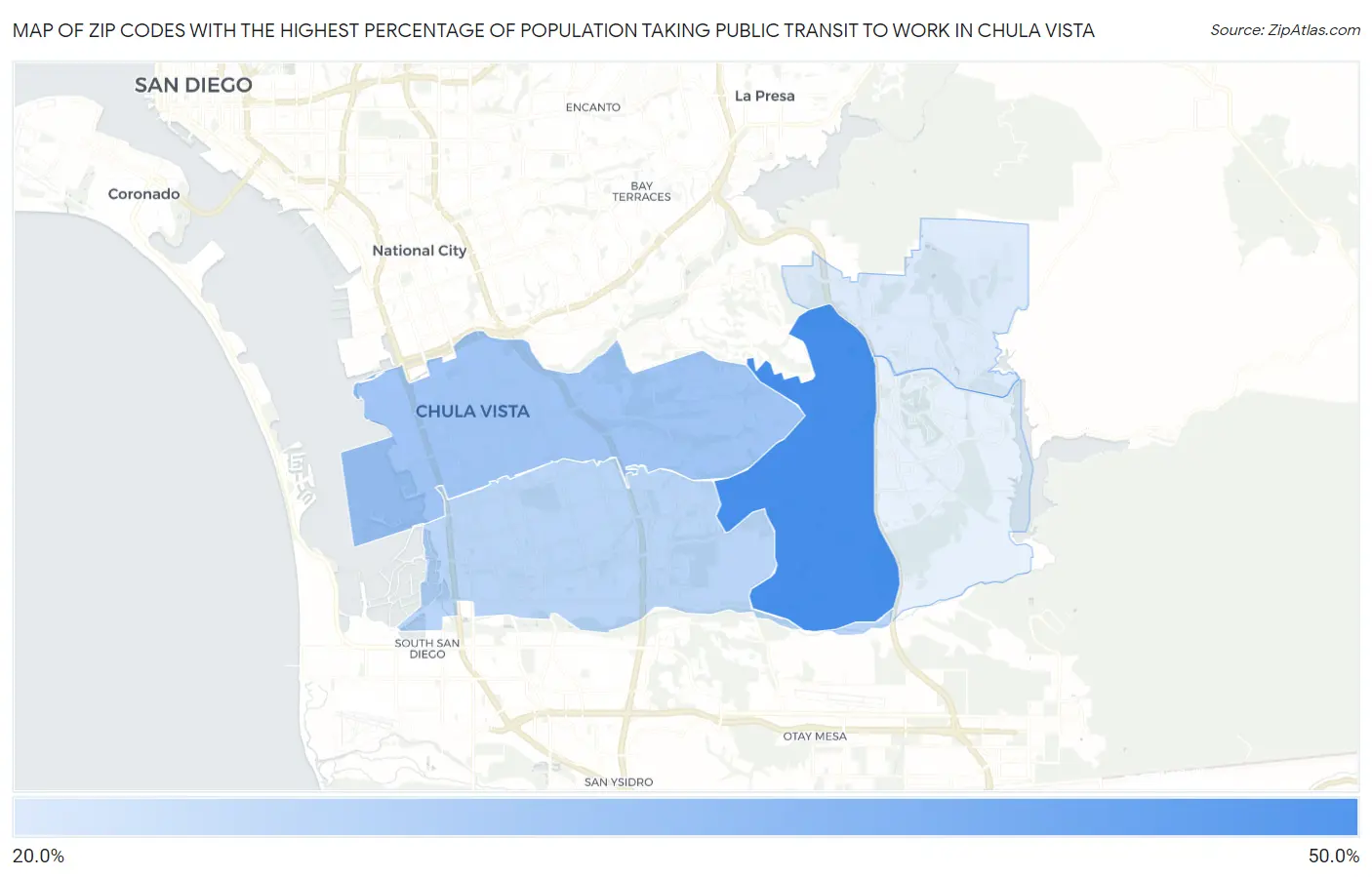 Zip Codes with the Highest Percentage of Population Taking Public Transit to Work in Chula Vista Map