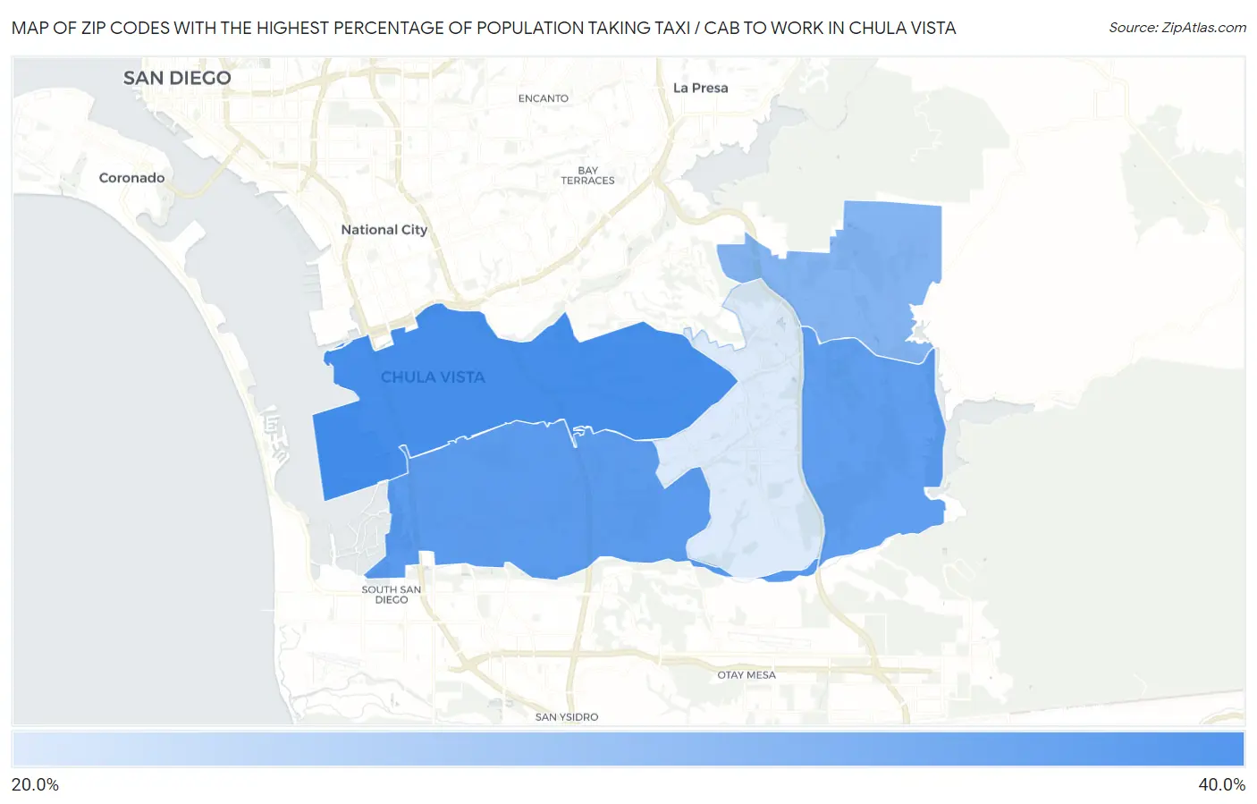 Zip Codes with the Highest Percentage of Population Taking Taxi / Cab to Work in Chula Vista Map
